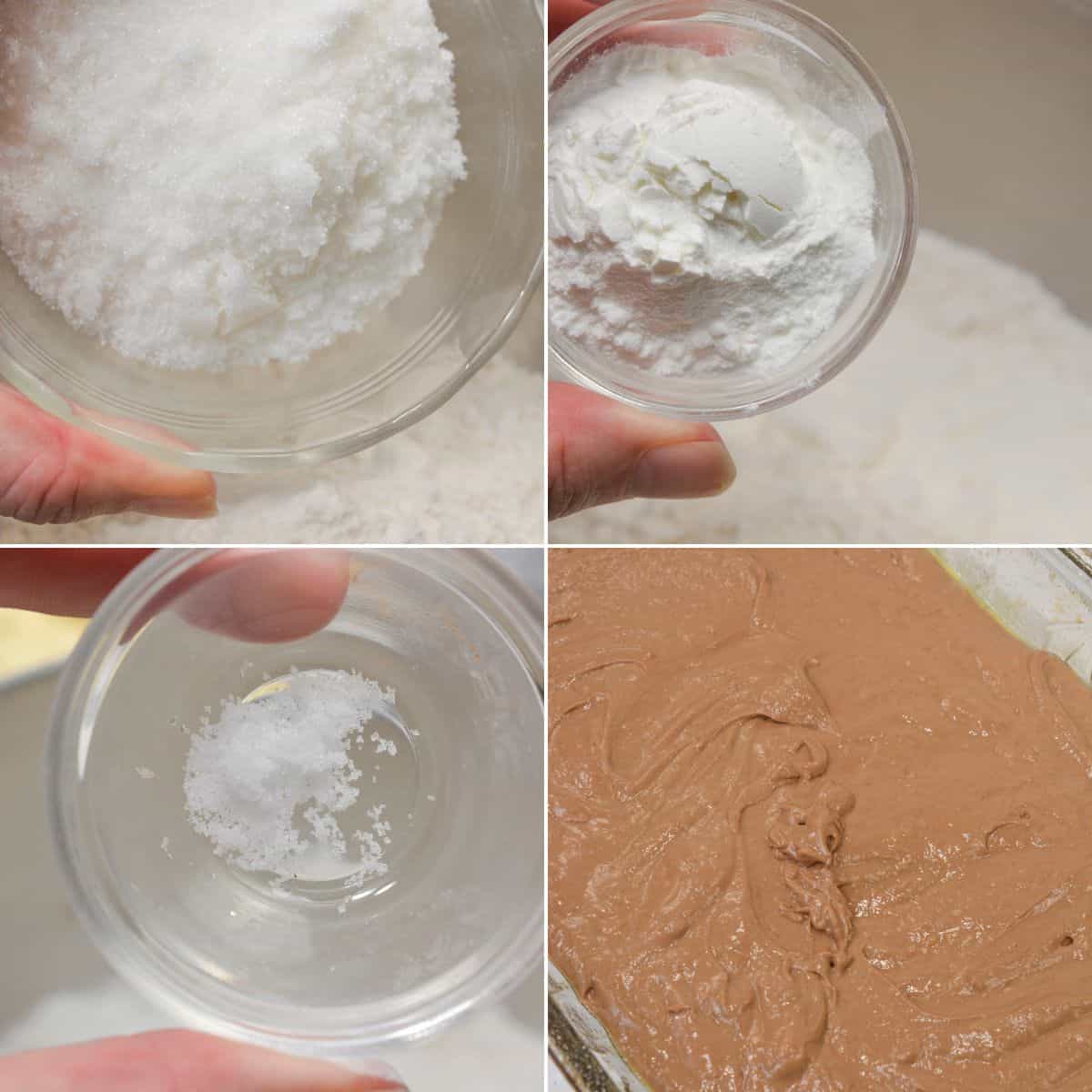 Four-panel image showing close-ups of sugar, baking powder, and salt being added to a bowl, with a final view of mixed brown Cocoa Mayonnaise Cake batter in a baking dish.