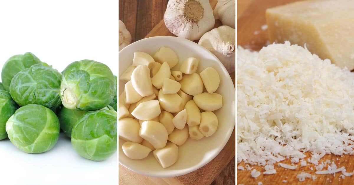 A pile of the brussel sprouts, garlic and the parmesan cheese.