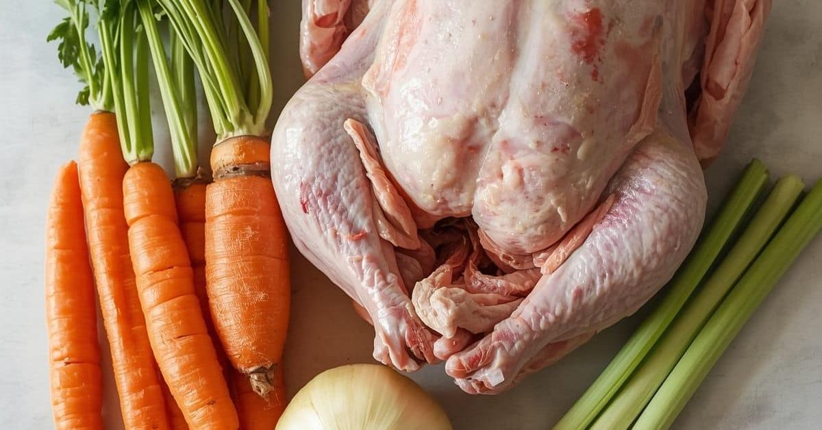 A raw whole turkey is placed on a surface next to fresh carrots, celery stalks, parsley, and a peeled onion—perfect ingredients before preparing your Turkey in the Roaster Oven.