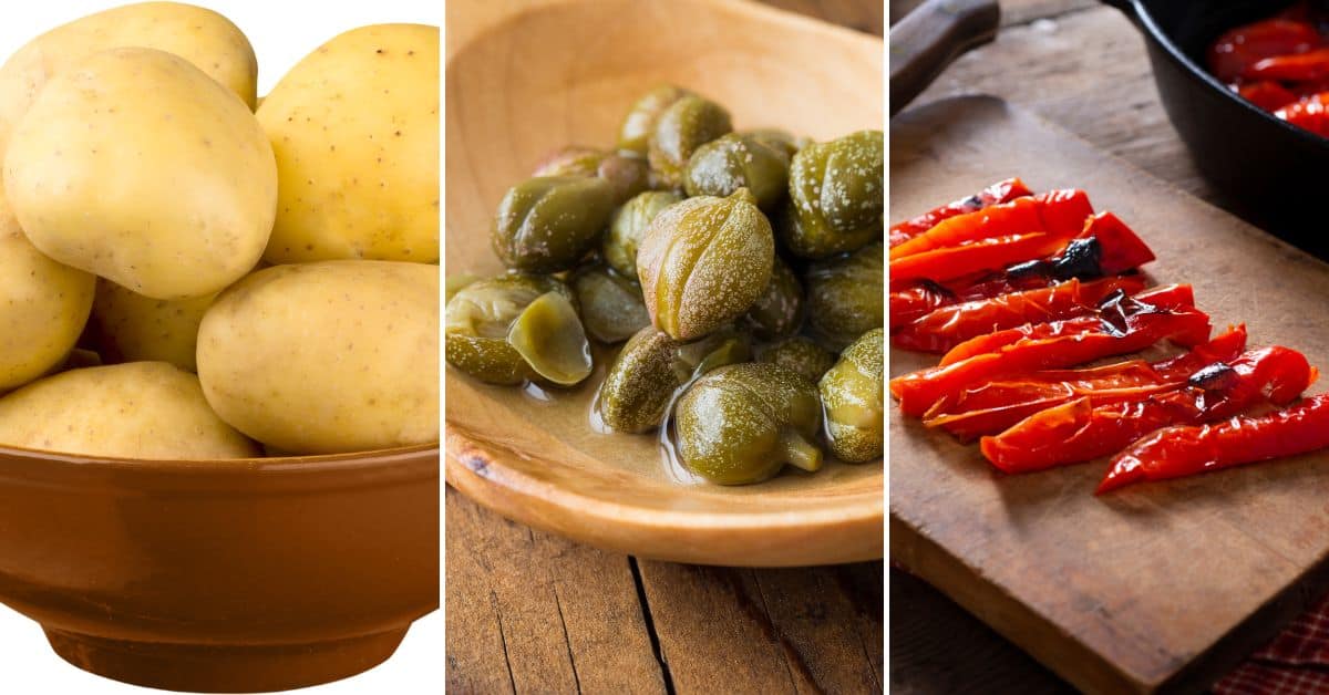 Three-part image showing: a bowl of raw potatoes ,capers adding tangy flavor, and sliced red peppers on a cutting board ready for the mix.