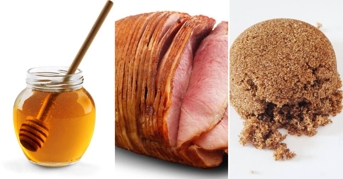 A jar of honey with a dipper, a sliced cooked copycat honey baked ham, and a mound of brown sugar grace the white background.