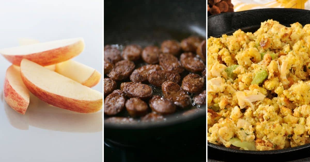 Sliced apples, cooked sausage pieces in a pan, and a dish of Apple and Sausage Dressing are shown side by side.