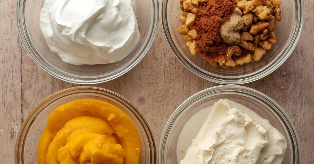 Four glass bowls containing lush cake ingredients—whipped cream, chopped walnuts with spices, pumpkin puree, and cream cheese—are artfully arranged on a light wooden surface.