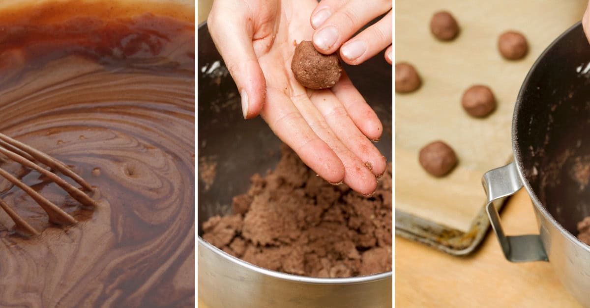 A three-panel image showcasing the delightful process: starting with cookie dough mixed with rich chocolate cake mix, expertly shaping the dough into balls with hands, and finally placing them on a baking sheet, ready for oven magic.