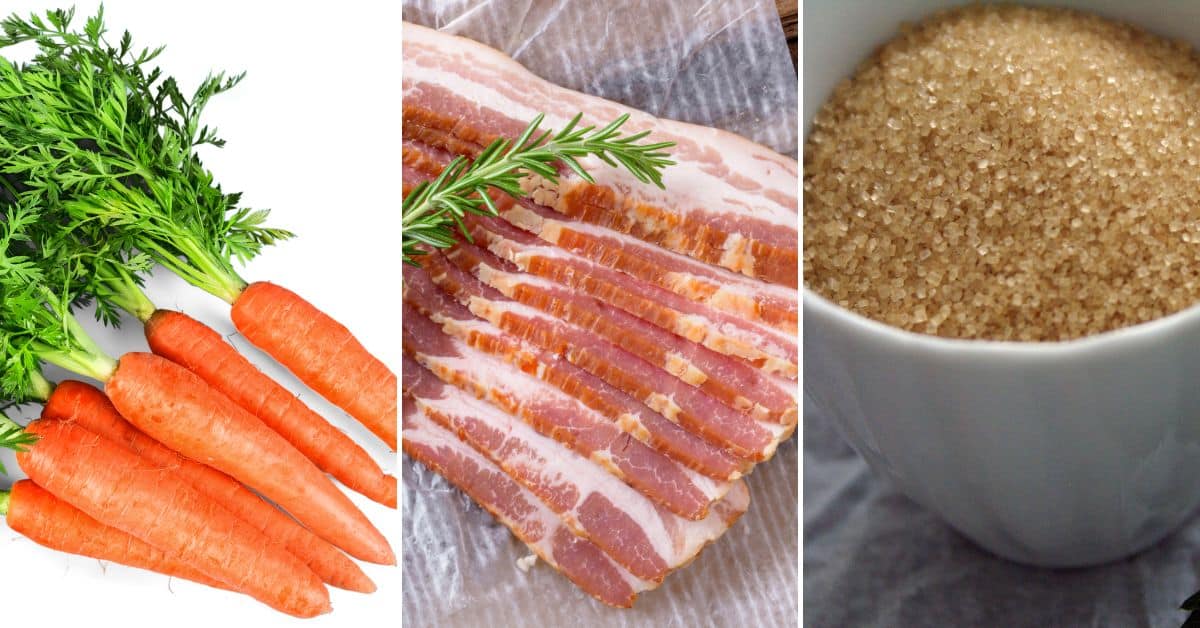 Brown sugar carrots, complemented by green-topped carrots, slices of bacon, and a cup filled with rich brown sugar, all artfully displayed side by side.