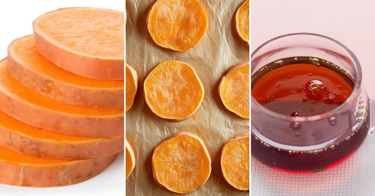 Three images: sliced raw sweet potatoes, Maple Sweet Potatoes arranged on parchment paper, and a glass cup filled with maple syrup.