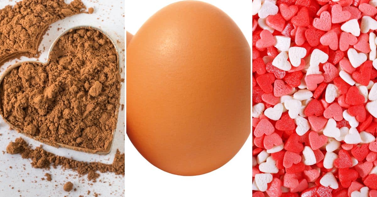 A heart-shaped cocoa powder outline, a brown egg, and a collection of red, pink, and white heart-shaped sprinkles come together to hint at the sweet delight of chocolate cake mix cookies.