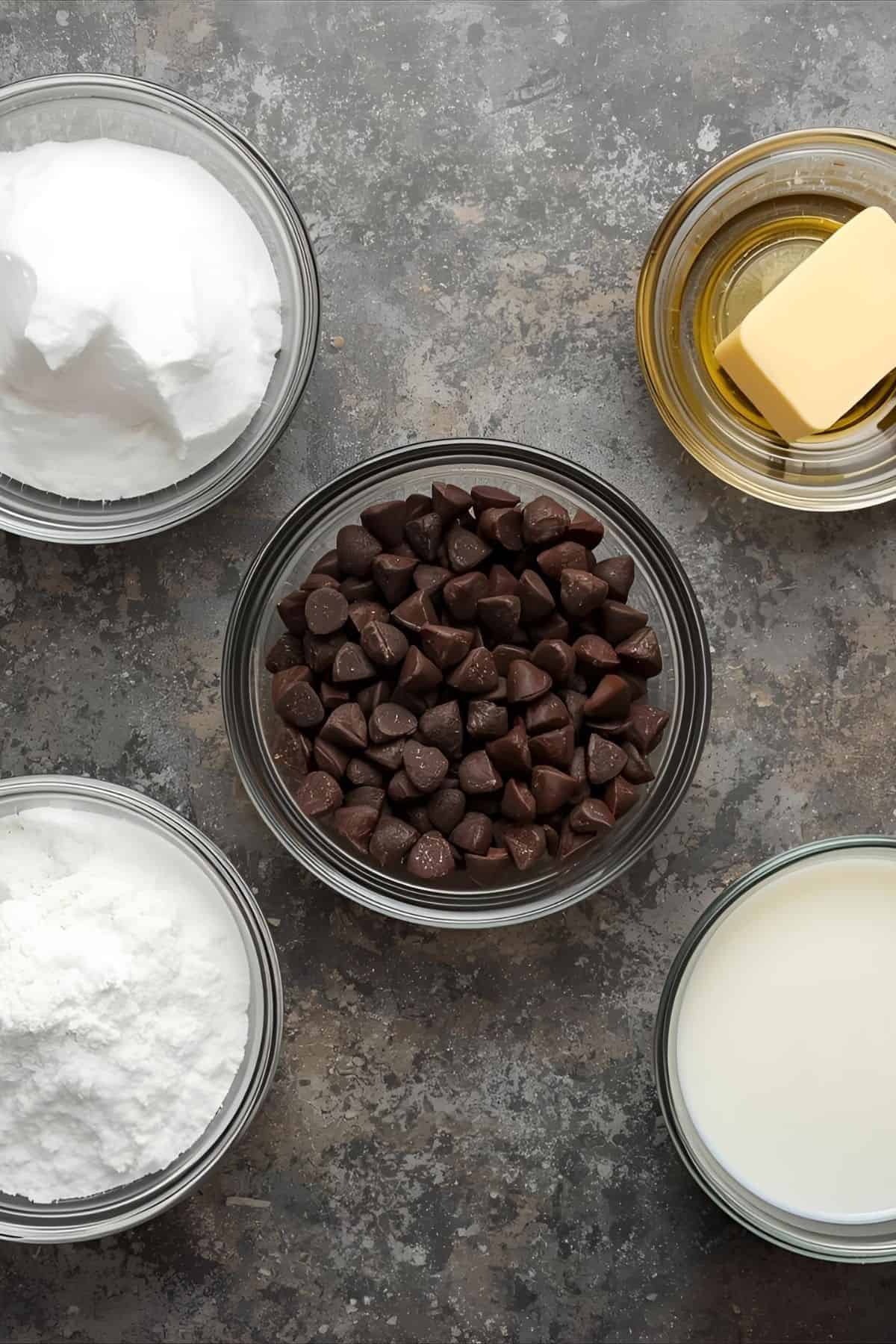 Five bowls containing ingredients for Chocolate Chip Dip—whipped topping, chocolate chips, butter, powdered sugar, milk, and a bowl of syrup—are arranged on a gray textured surface.
