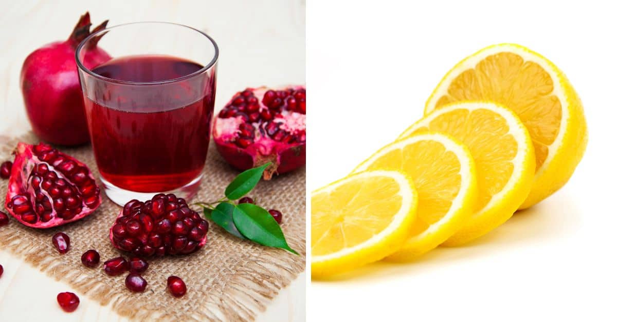 A split image with a glass of pomegranate cocktail and halved pomegranate on the left, and slices of lemon arranged in a row on the right.