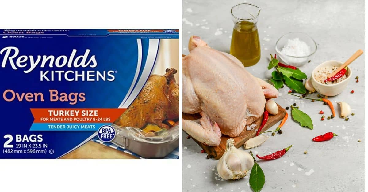 Reynolds Kitchens oven bags packaging on the left; on the right, ingredients for making turkey in an oven bag—raw whole chicken, spices, oil, and herbs—are neatly arranged on a white surface.