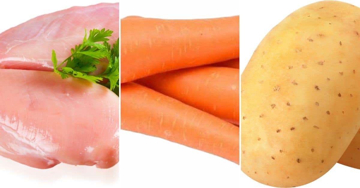 A raw chicken breast with parsley, three whole carrots, and a single potato are arranged side by side against a white background, reminiscent of ingredients for a Balsamic Chicken and Vegetable Sheet Pan.