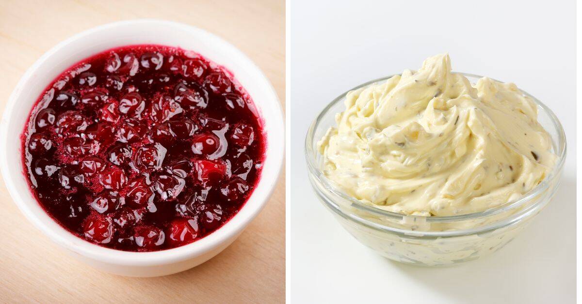 A side-by-side view of a bowl of cranberry sauce on the left and a bowl of herbed butter on the right, perfect accompaniments for freshly baked Cheesecake Crescent Rolls.