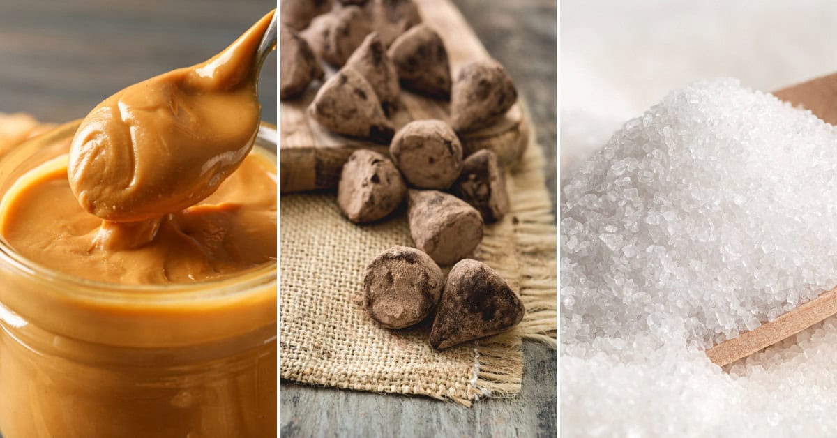 Peanut butter, chocolate kisses and sugar.