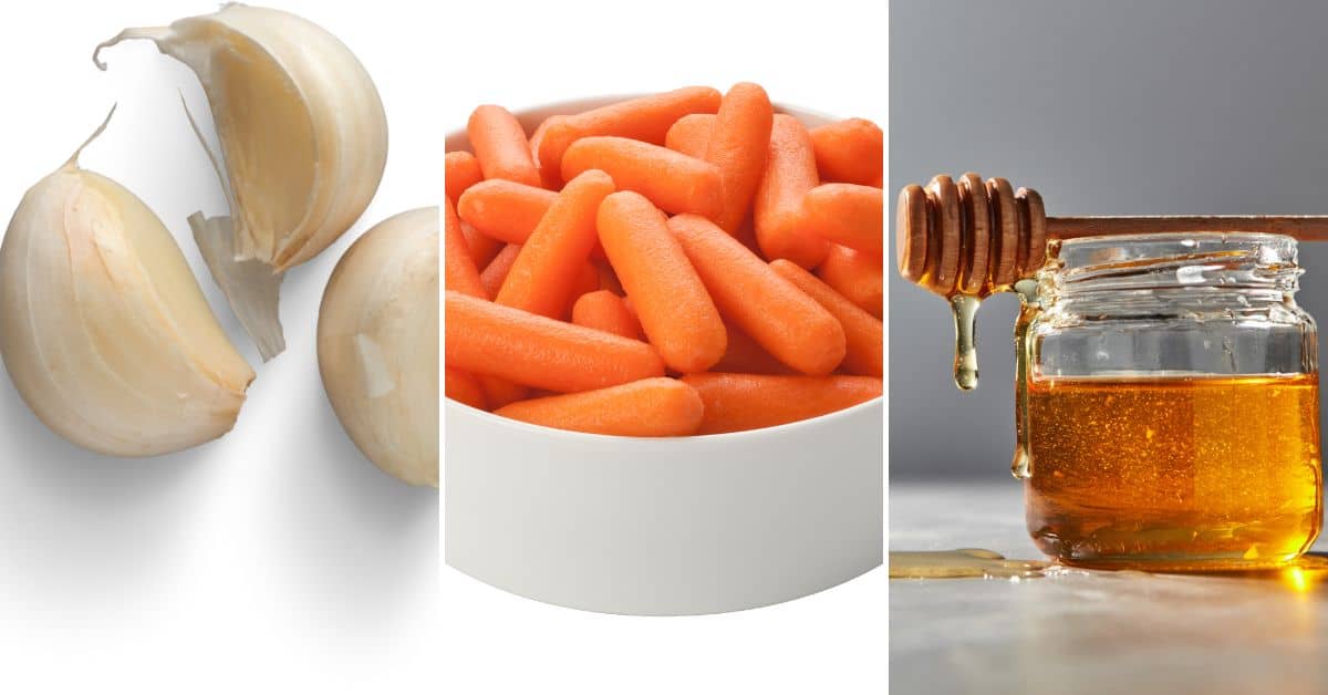 A split image showing garlic cloves, a bowl of roasted baby carrots, and a jar of honey with a honey dipper.