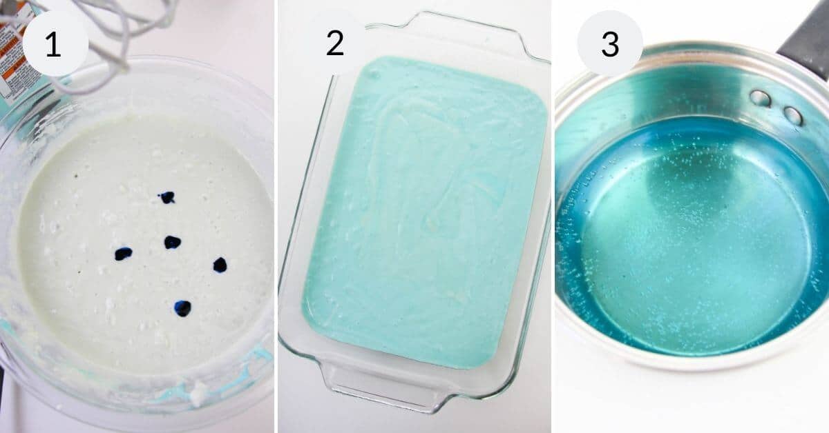 Three-step process: 1) Blue dye drops in a mixing bowl, reminiscent of cotton candy cake hues, 2) Blue mixture in a rectangular glass dish, 3) Blue liquid in a saucepan on a stovetop.