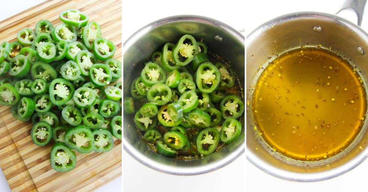Three-step process: sliced jalapeños on a cutting board, jalapeños in a saucepan, and Cowboy Candy simmering in seasoned liquid.