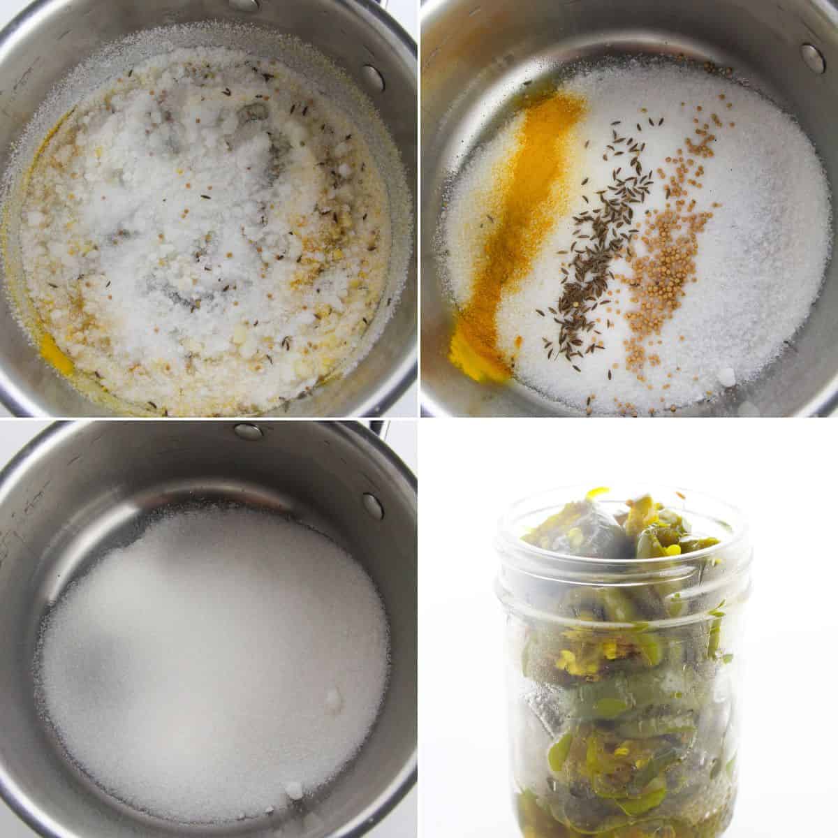 Four-panel image showing spices, sugar, and green chilies being mixed in a pot to create Cowboy Candy, then poured into a jar for pickling.