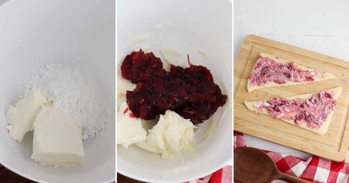 Three-panel image: cream cheese and powdered sugar in a bowl; mixed with cranberry sauce; then spread to make delicious Cheesecake Crescent Rolls on two dough triangles resting on a wooden board.