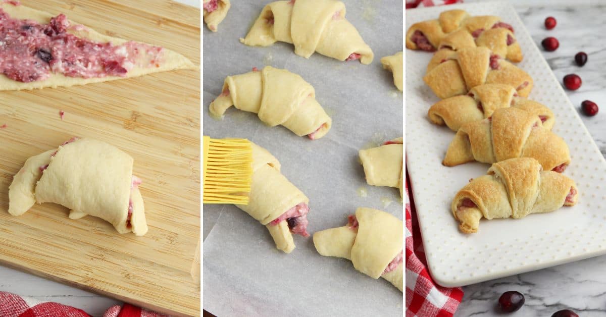 Step-by-step process of making Cheesecake Crescent Rolls with berry filling: rolling dough, brushing with egg wash, and serving the baked crescents on a plate.