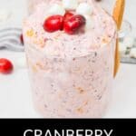 A clear glass cup filled with Cranberry Fluff dessert, topped with cranberries and mini marshmallows, with a wooden spoon on the side—a festive holiday recipe perfect for any gathering.