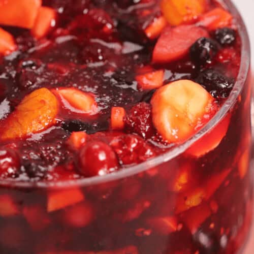 A delicious dish of cranberry jello salad.