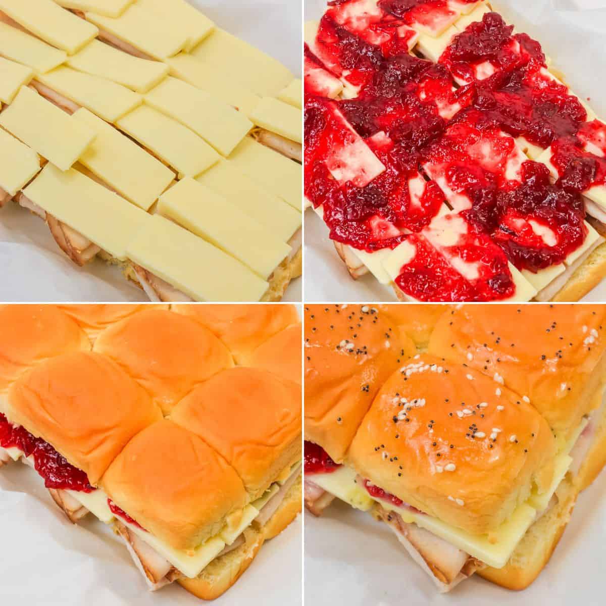 A four-panel image shows the step-by-step assembly of layering turkey, cheese, and cranberry sauce on soft buns, then topping them with seasoning before baking.