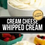 A white bowl filled with luscious Cream Cheese Whipped Cream sits in front of a small basket of strawberries and blackberries.