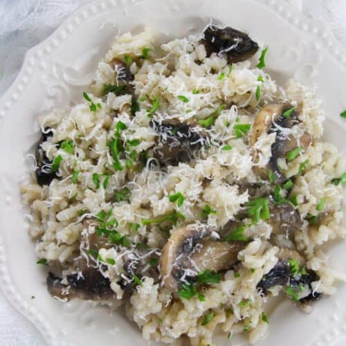 A white plate with Creamy dish garnished with grated cheese and chopped parsley.