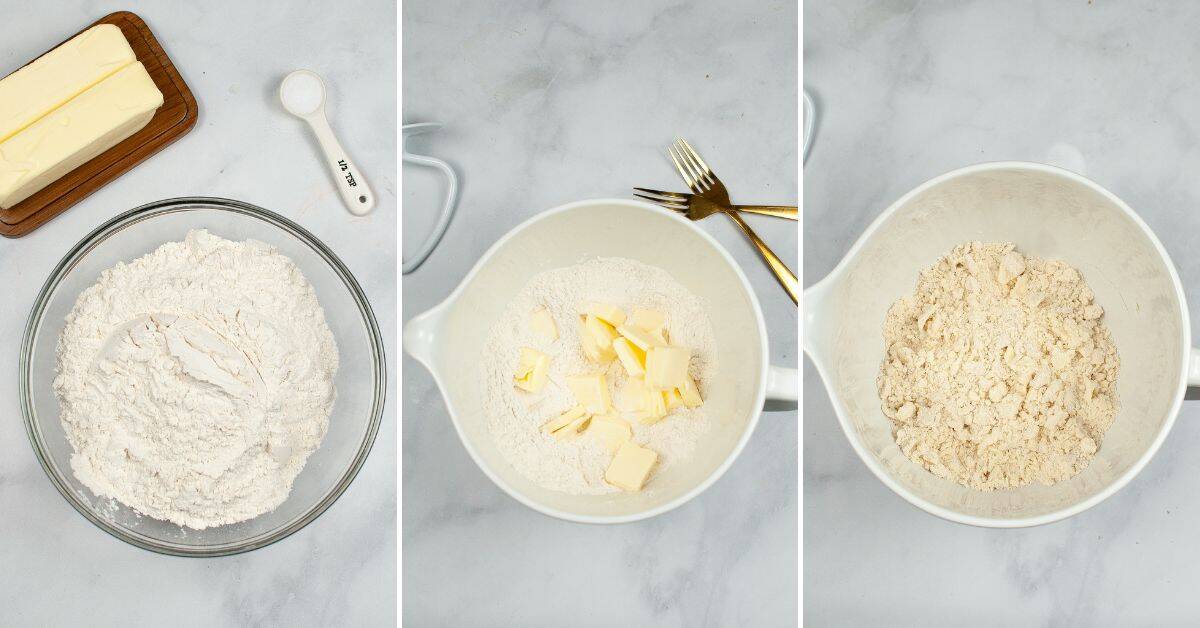 Three-step collage showing Crisco Pie Crust in progress: flour in a bowl, flour with butter pieces, and the mixture blended into coarse crumbs on a marble surface with baking utensils.