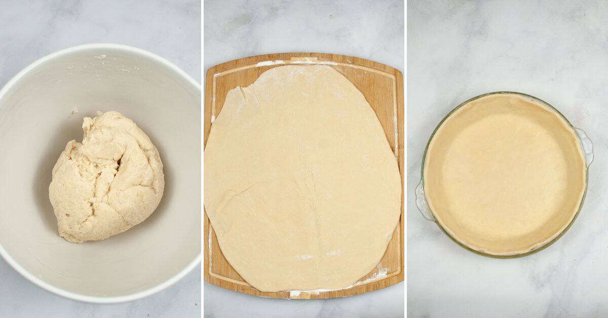 Three-step process : dough in a bowl, rolled out on a board, and pressed into a pie dish.
