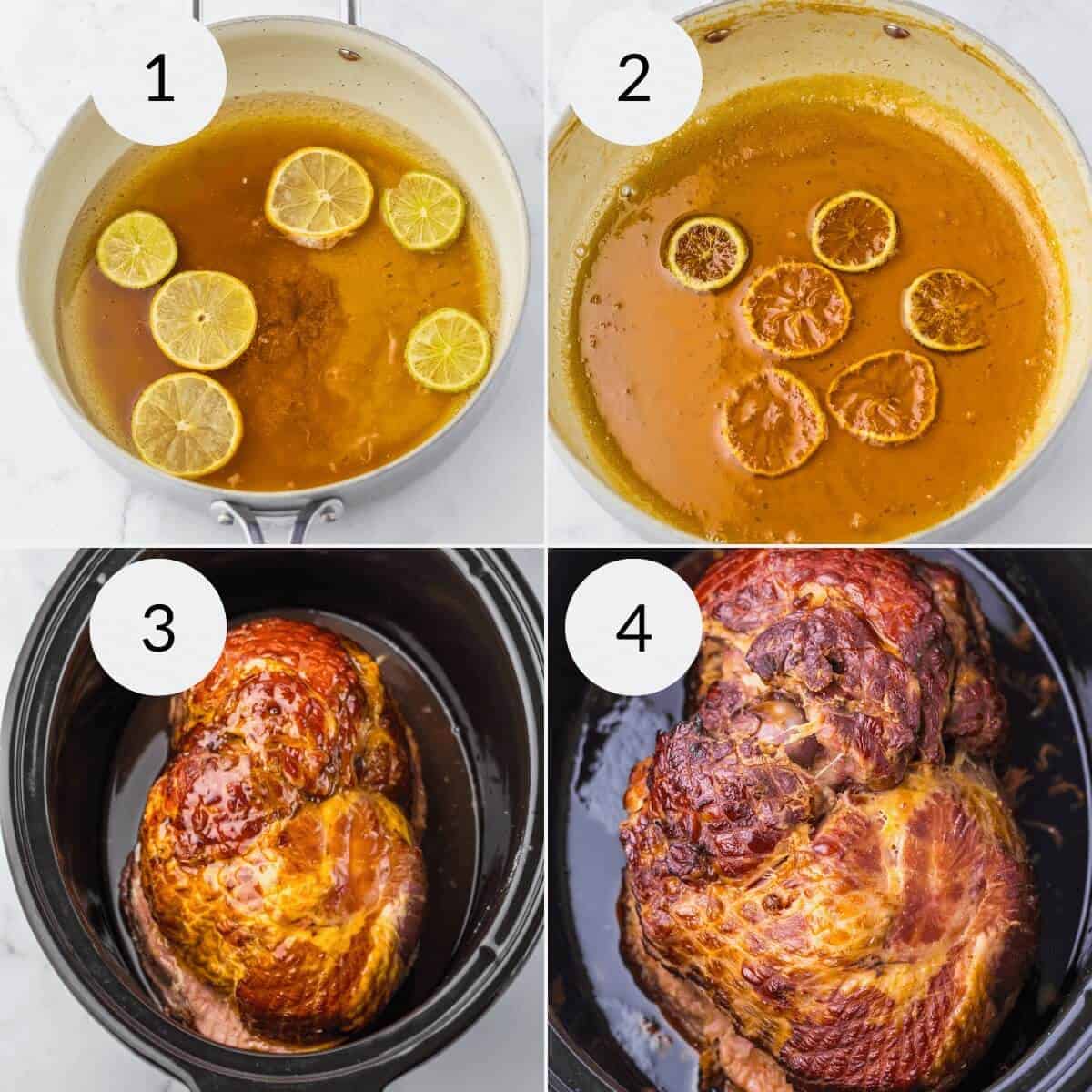 Four-step cooking process: 1) Uncooked marinade with lemon slices in a pot. 2) Cooked marinade. 