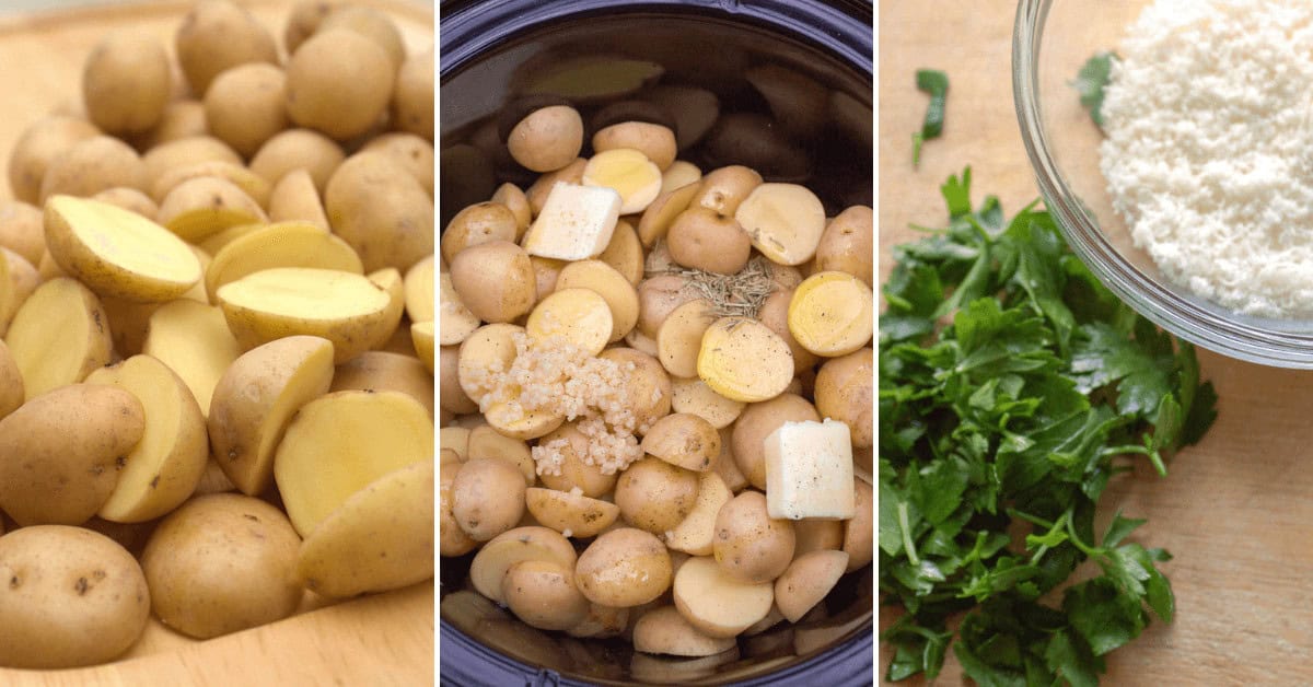 Three images of Crock Pot Red Potatoes: sliced potatoes, red potatoes with butter and herbs in a slow cooker, and grated cheese with parsley in a bowl.