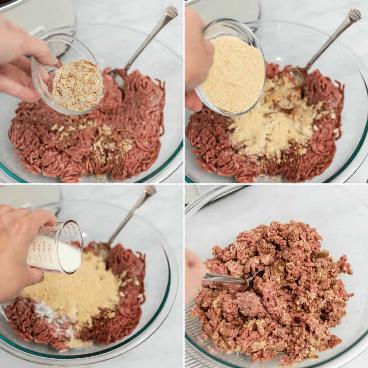 Mixing the ground beef and seasoning.