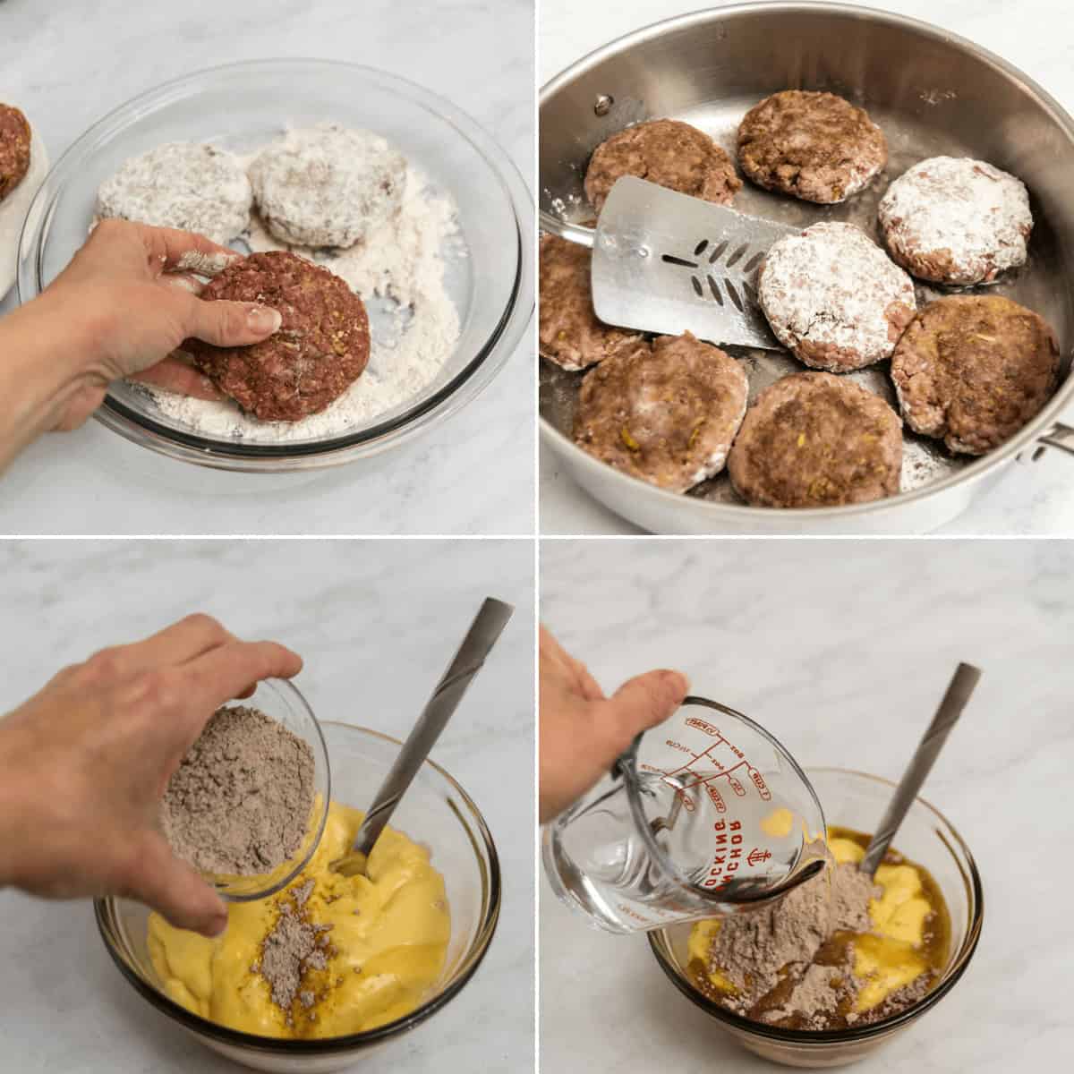 Browning the patties and preparing the gravy mix.