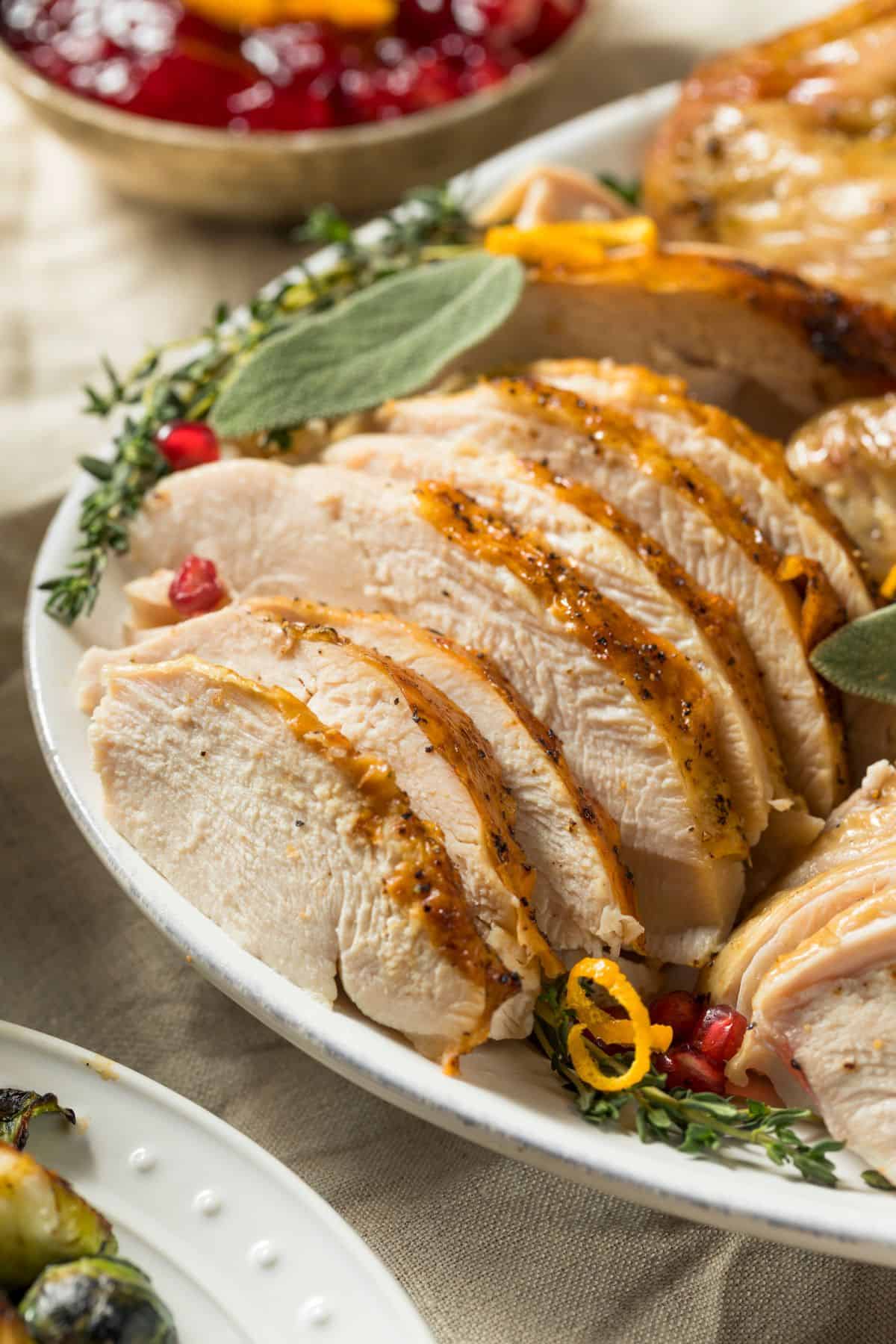 Sliced Crock Pot Turkey Breast garnished with herbs and orange zest, served on a white plate.