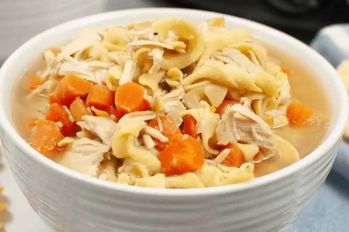 A white bowl of turkey soup, with carrots, noodles, and broth.