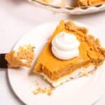 A slice of dessert with whipped cream on top sits on a white plate, with a fork holding a bite. The rest of the pie is in the background.