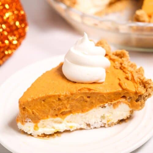 A slice served on a white plate; the rest of the pie is visible in the background.