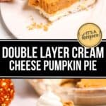 A slice of creamy, double layer cream cheese pumpkin pie with a graham cracker crust, topped with whipped cream, served on a white plate.