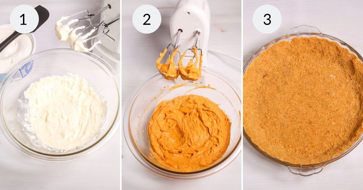 Step 1: Cream cheese mixture in a bowl with beaters. Step 2: Pumpkin mixture in a bowl with beaters for the perfect cream cheese pumpkin pie. Step 3: Pie crust pressed into a pie dish.