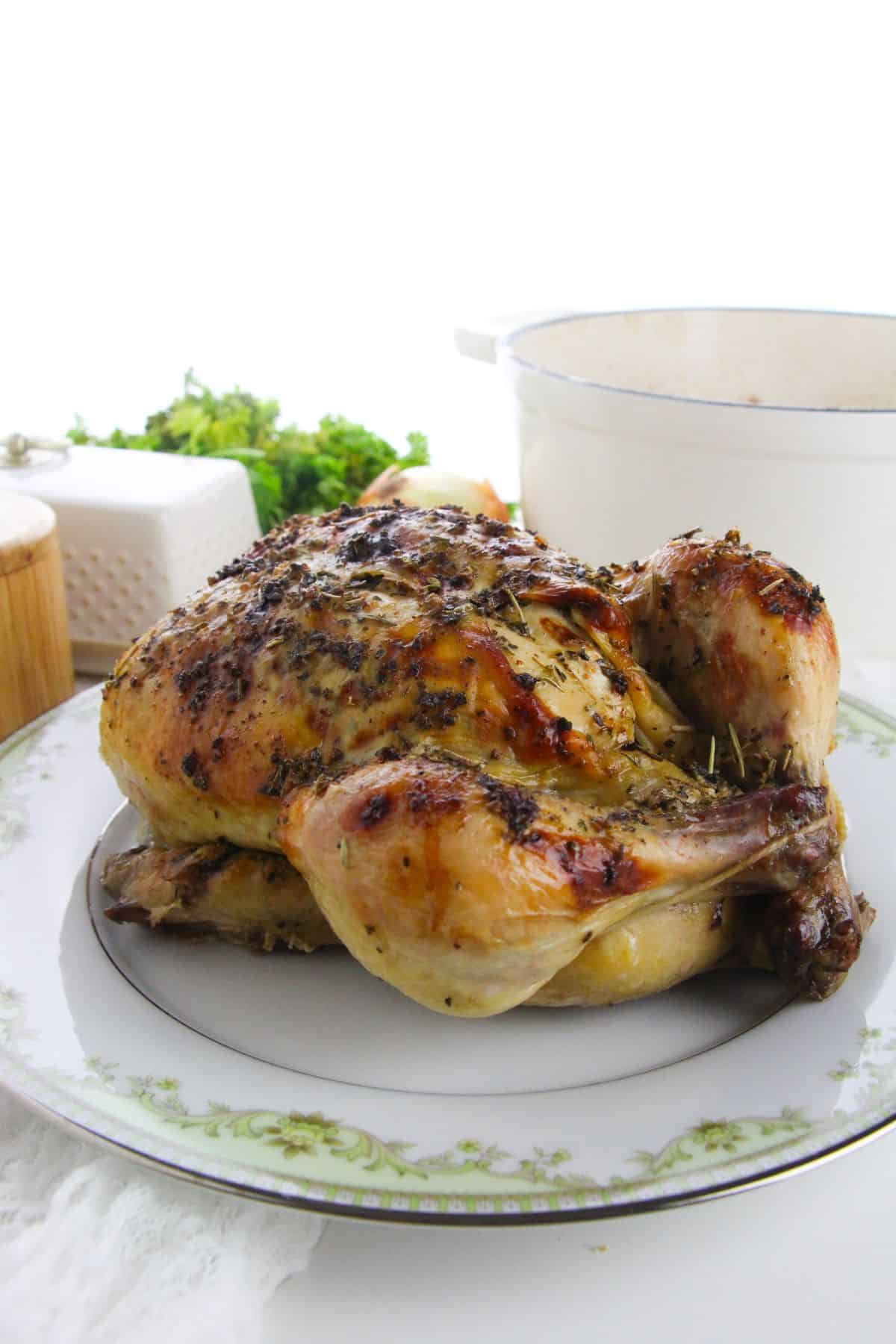 A Dutch Oven Roasted Chicken seasoned with herbs sits on a decorative plate, with a white pot and greenery in the background.