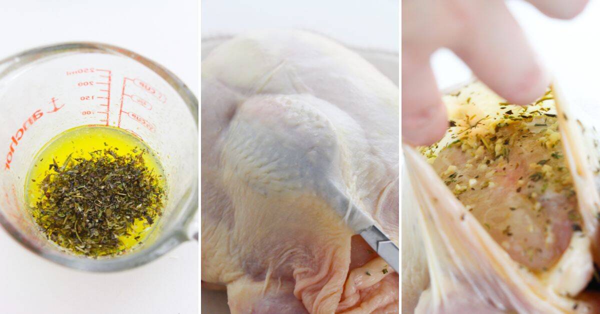 A measuring cup with oil and herbs, a knife slicing chicken skin, and herbs placed under the skin—perfect steps for prepping Dutch Oven Roasted Chicken.