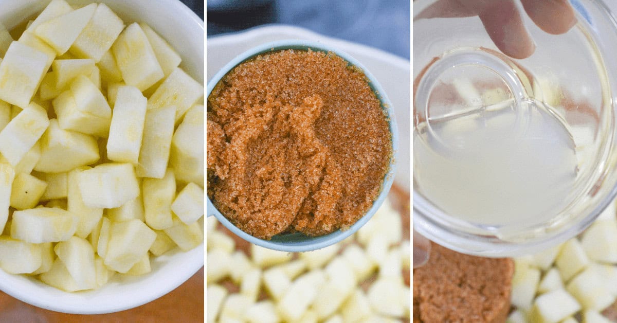 Three-panel image showcasing the dish in the making: cubed apples nestled in a bowl, a dish brimming with brown sugar, and a hand elegantly pouring liquid from a glass into the mix.