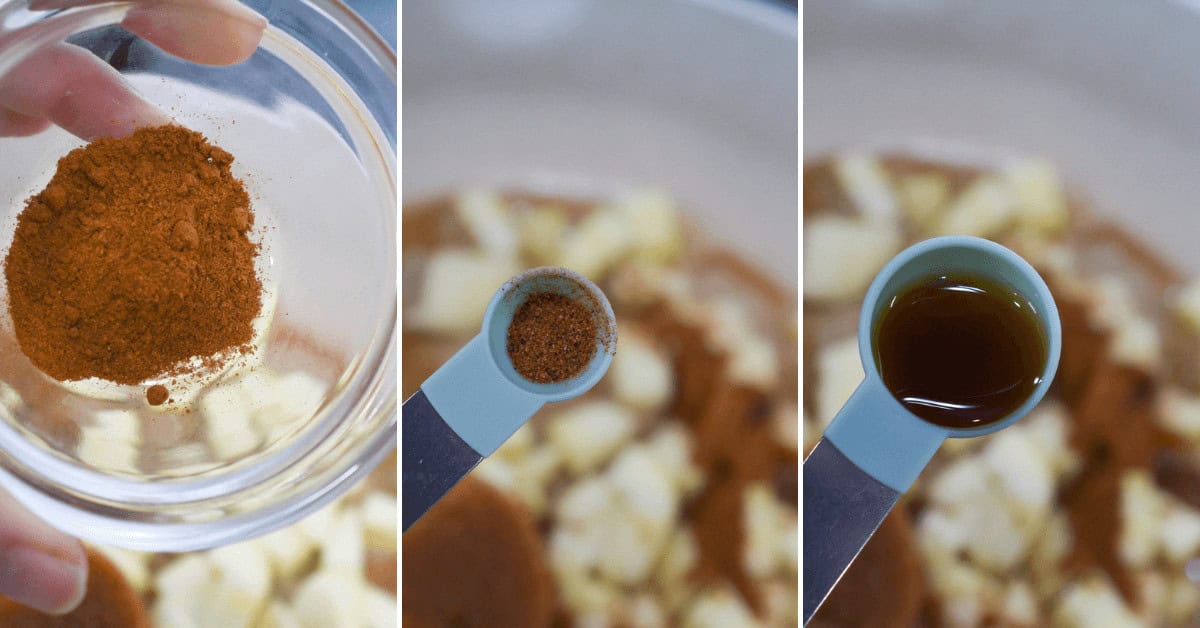Collage of three images: cinnamon being added to a bowl for an easy apple dip, ground nutmeg in a measuring spoon, and vanilla extract in a teaspoon.