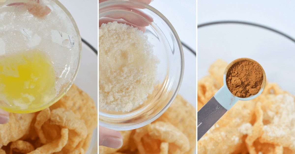 Three easy steps for preparing a snack: melted butter being poured, grated cheese in a bowl, and a teaspoon of cinnamon, all over a bed of pork rinds. Perfect for pairing with your favorite easy apple dip.