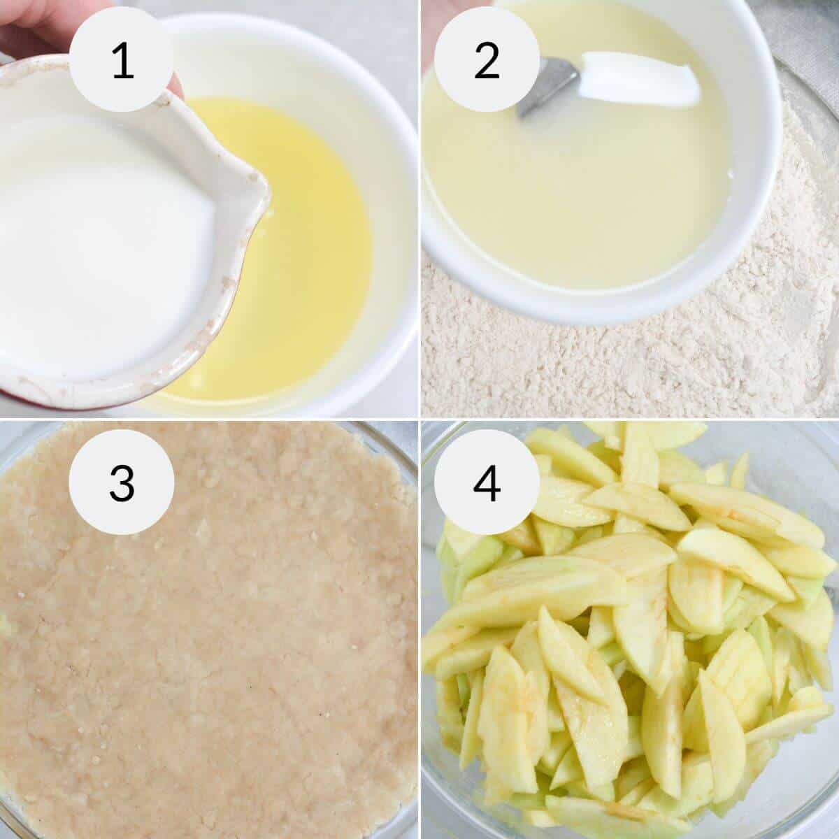 Step-by-step process for making an easy apple pie: Step 1: Milk and oil mixed. Step 2: Combined with flour. Step 3: Dough pressed into a dish. Step 4: Sliced apples prepared for filling.