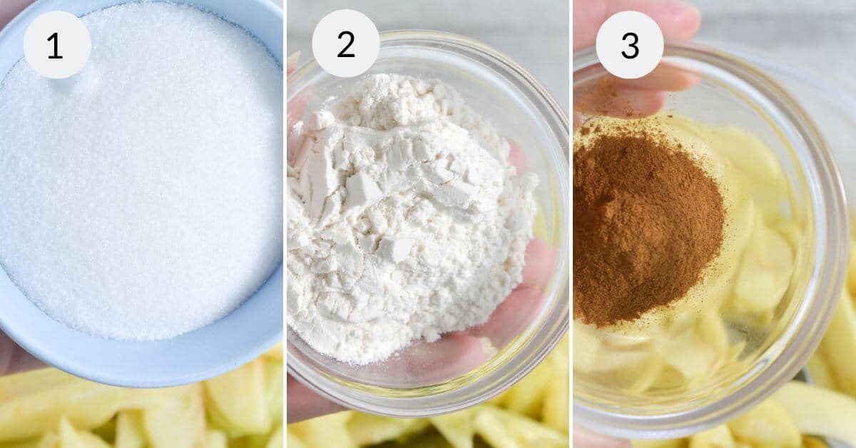 Three-panel image showing close-up views of a bowl of sugar labeled "1," a bowl of flour labeled "2," and a bowl of cinnamon labeled "3." The background features sliced apples, perfect ingredients for an Easy Apple Pie.