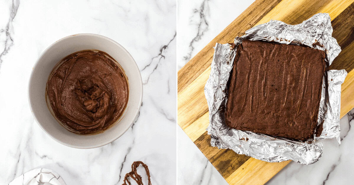Mixinging in the dry ingredients and placing in a baking pan.