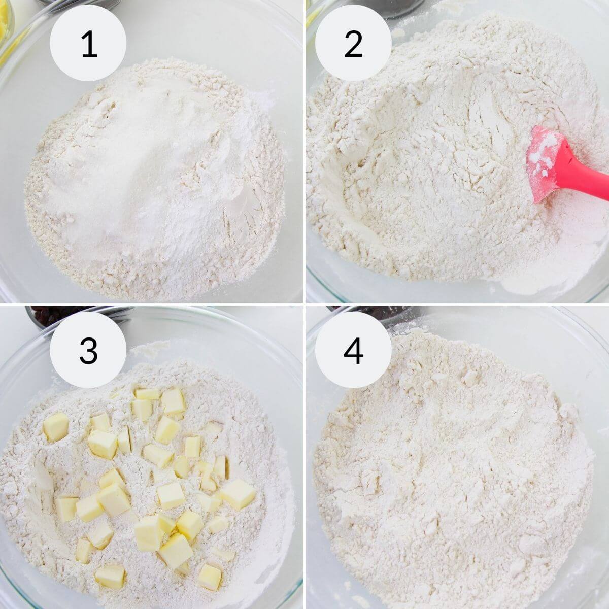 The easy Irish soda bread mixing process involves four steps: Start with flour in a bowl, mix it with a spatula, add cubes of butter, and finally combine the mixture thoroughly.