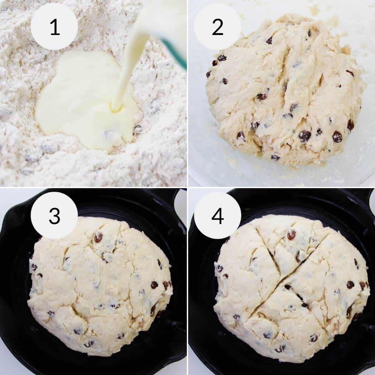 Discover the simple, four-step process for crafting Easy Irish Soda Bread. Begin by pouring milk into dry ingredients, then mix in raisins. Transfer the dough to a cast iron skillet, and finish with cross-cut slices for that classic touch.